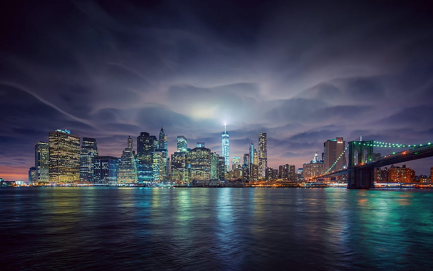 New York, night, blue, buildings, green, sky, water, usa, HD wallpaper