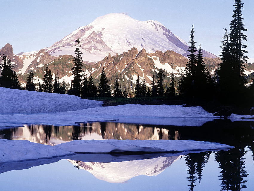 Nature, Trees, Mountains, Snow, Vertex, Top, Lake, Shadow, Washington, HD wallpaper