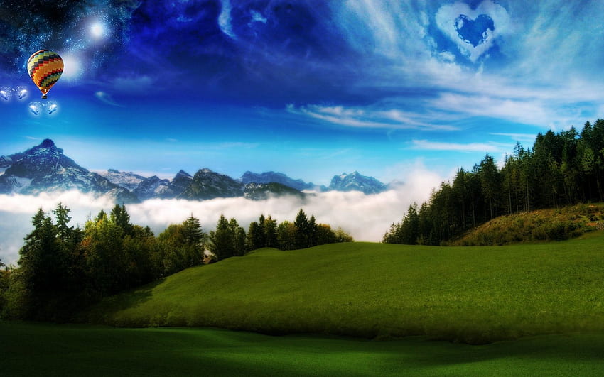 Nature, Sky, Clouds, Hills, Balloon, Heart, Meadows, Slopes, HD wallpaper