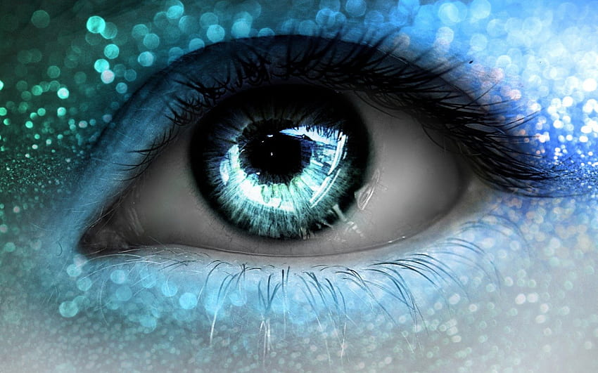 Blue eye, blue, white, make-up, glitter, green, eye, HD wallpaper